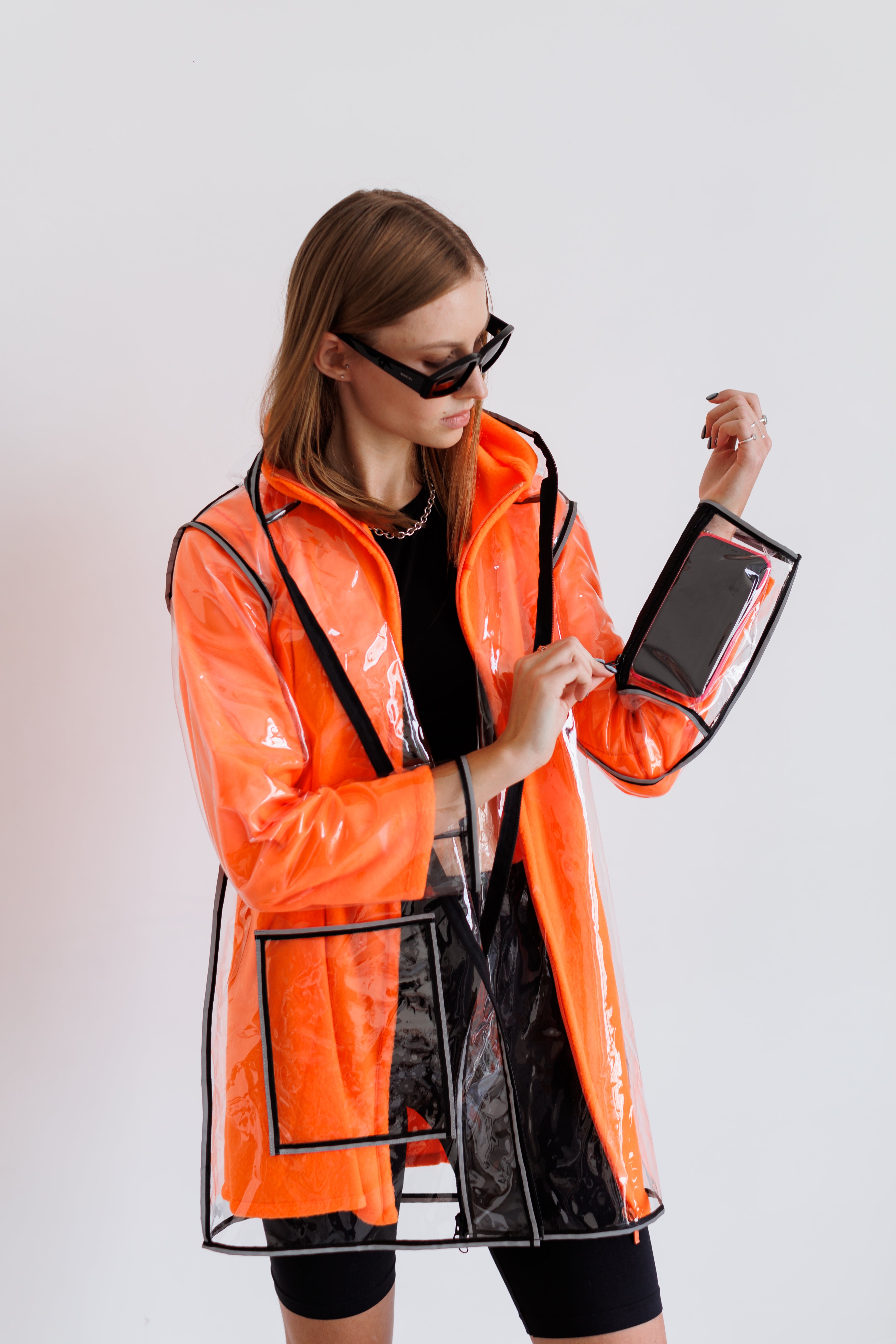 Transparent coat with orange